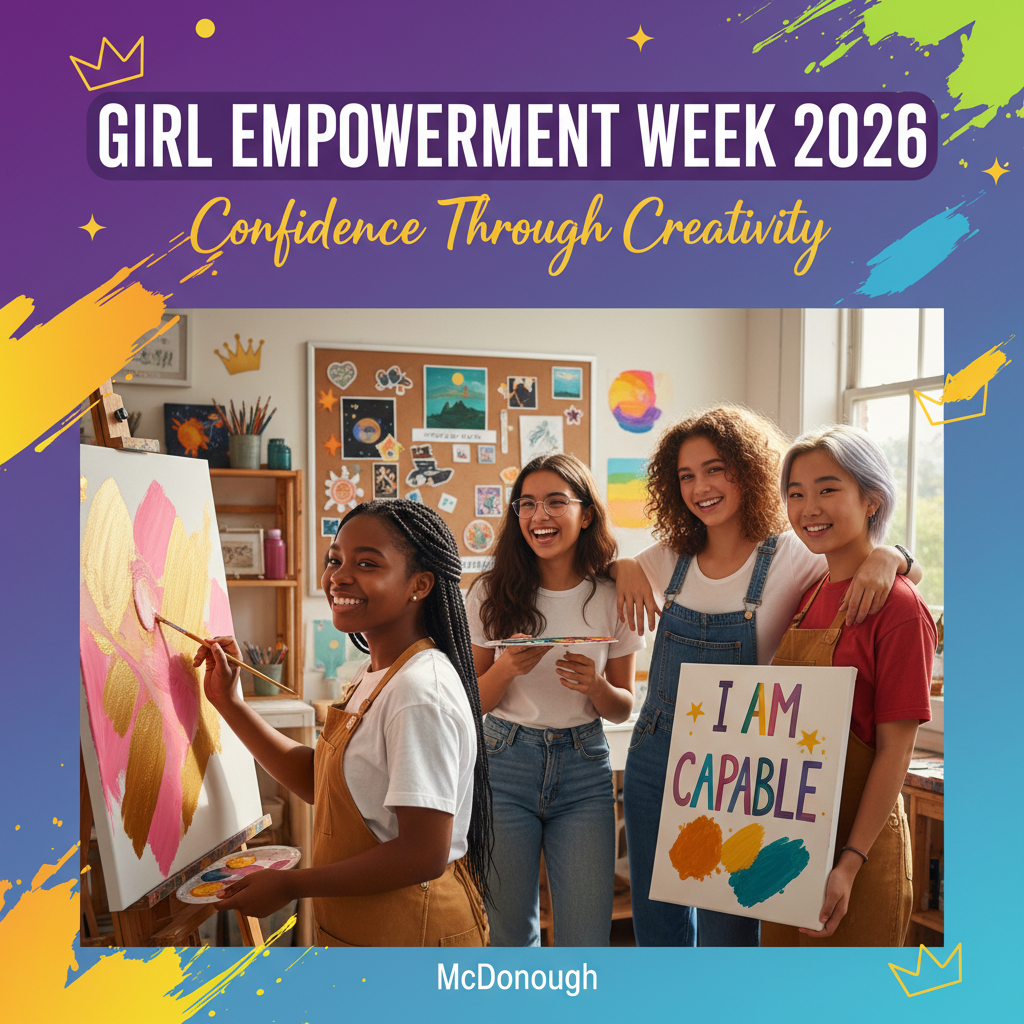 Promotional poster for Girl Empowerment Week 2026 featuring four women in a creative setting with colorful text and graphics.