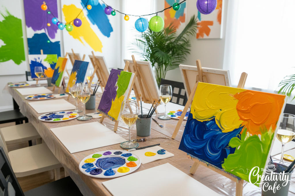 Art studio table setup for paint night