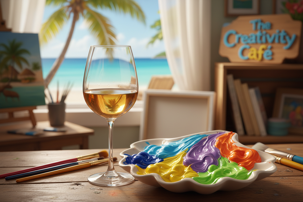 Wine glass with colorful paint palette and brushes