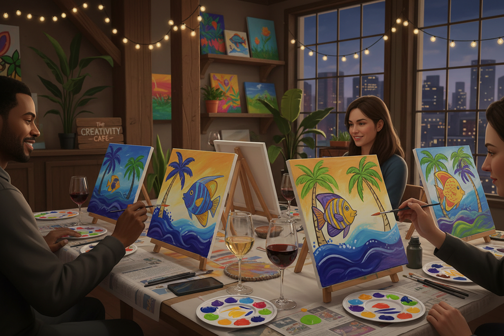 Adults enjoying paint night with wine