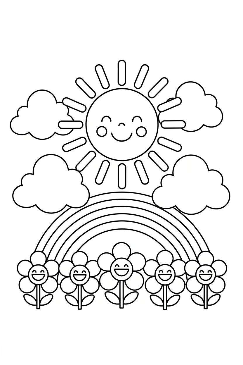 Sunshine & Rainbow Coloring Page