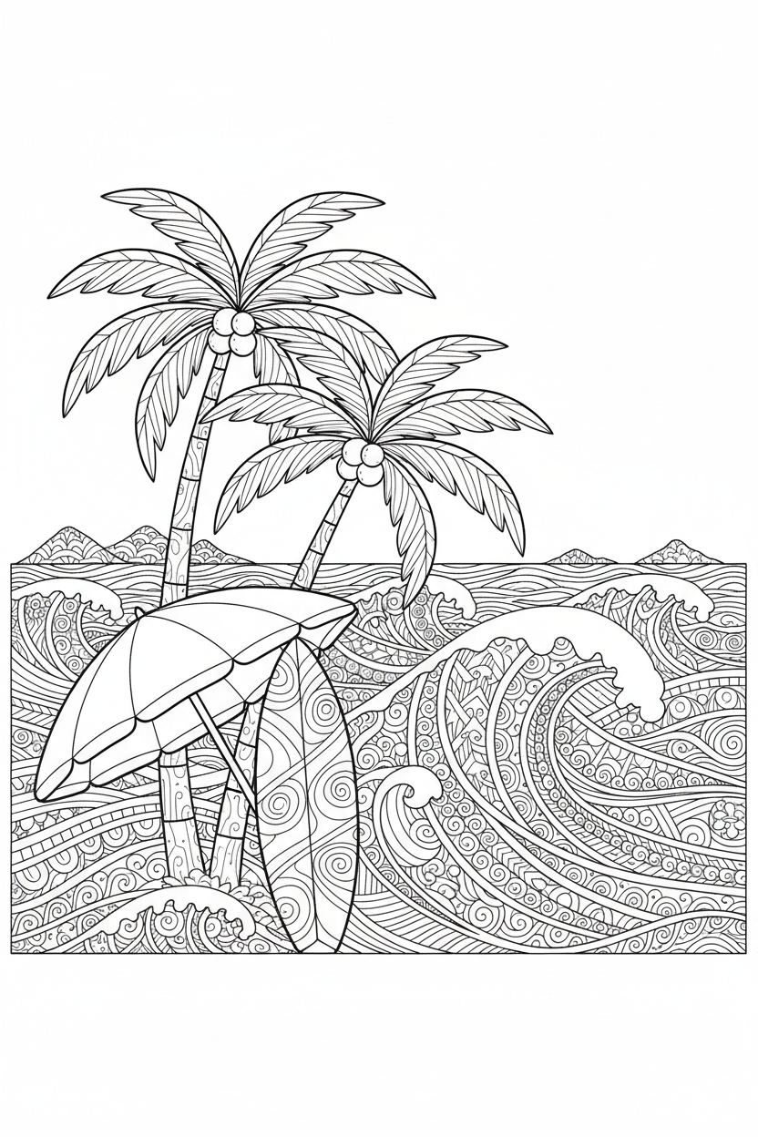 Tropical Beach Scene Coloring Page